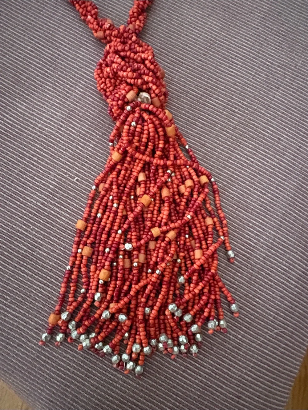 Chico's Red Beaded Malvina Knot Tassel Necklace